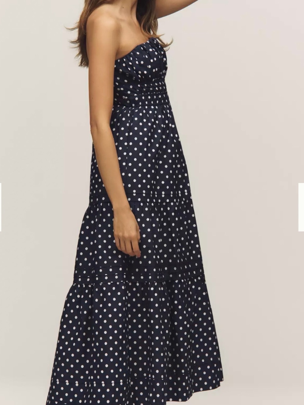 Anthropologie Somerset Strapless Navy Polka Dot Strapless maxi Dress